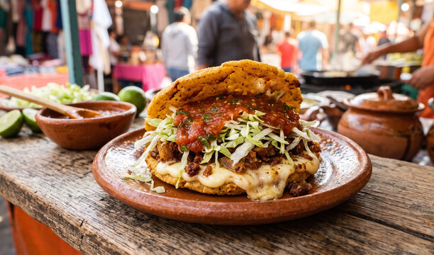 A rich thick corn gordita split open and stuffed on an earthenware plate, Crispy fried corn pocket filled with savory pork rinds, melted quesillo cheese, shredded lettuce, and red salsa verde. 