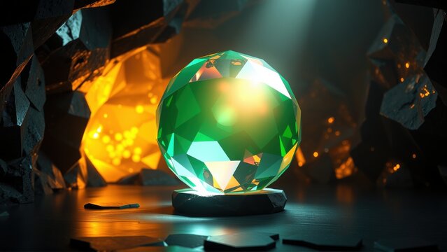 Emerald crystal glows within cavernous setting. Dramatic lighting highlights facets, creating vibrant visual impact. Dark background emphasizes brilliance.