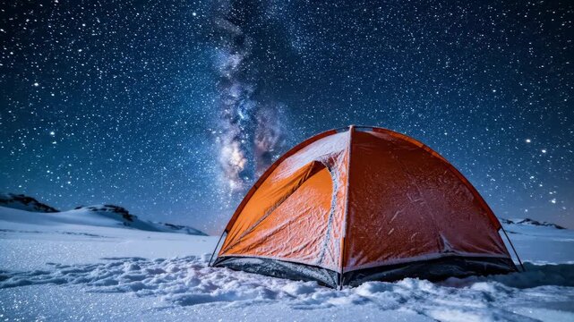 Orange tent stands on snowy landscape under starry night sky with vibrant Milky Way galaxy visible, evoking cold adventure and wilderness camping experience.