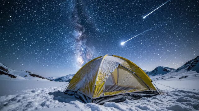 Yellow camping tent covered with snow on vast winter landscape under brilliant night sky revealing Milky Way galaxy and multiple shooting stars streaking across heavens