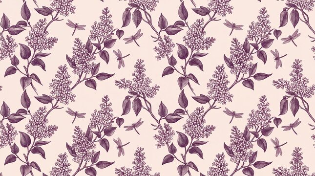 Toile de jouy pattern featuring purple lilac branches and flying dragonflies on cream background