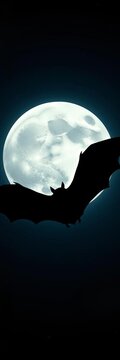 Silhouette of a bat in flight against a bright full moon with twinkling stars, bat, nocturnal