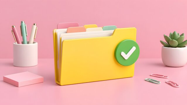 Organized yellow file folder with a green checkmark on a pastel pink office desk with stationery representing successful business document management