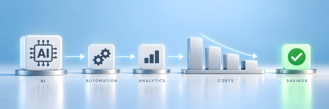 Artificial intelligence workflow process diagram showing automation and data analytics leading to reduced operational costs and increased business savings