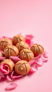 Soft pink background, golden brown chocolates, delicate rose petals, romance, love