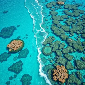 Turquoise waters lap at the shore, coral reef teeming with marine life, sea, reef