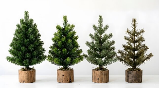 Four small artificial christmas trees in rustic wooden pots arranged in a row against a white background