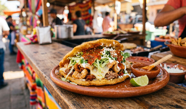 A rich thick corn gordita split open and stuffed on an earthenware plate, Crispy fried corn pocket filled with savory pork rinds, melted quesillo cheese, shredded lettuce, and red salsa verde. 