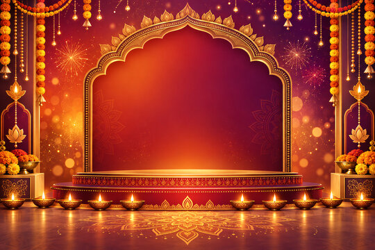 Diwali Festive Background with Golden Ornate Arch, Marigold Garlands and Glowing Diyas