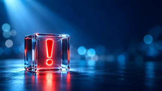 Glowing red exclamation mark inside a transparent glass cube under a spotlight highlighting critical business risk warning alert and important attention.