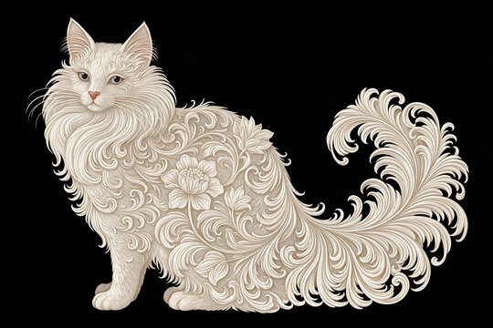 Ornate white longhaired cat with floral filigree on black
