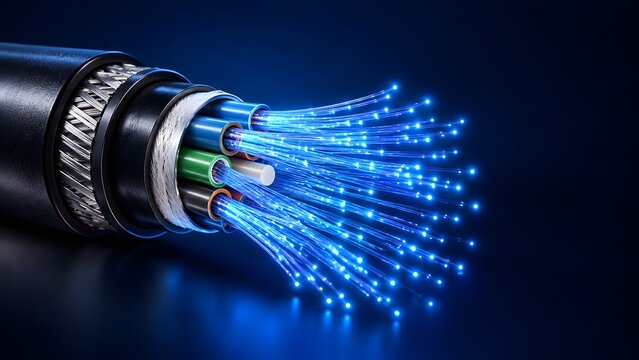 Cross section of a high speed fiber optic cable with glowing blue glass threads representing digital broadband data transfer and telecommunication network.