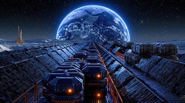 Futuristic lunar base with cargo transport system and Earth rising over the desolate moonscape