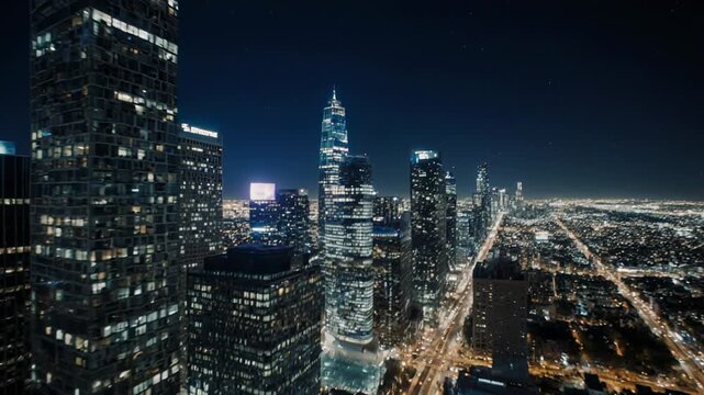 Skyscraper city skyline at night with aerial drone sweep and urban sprawl