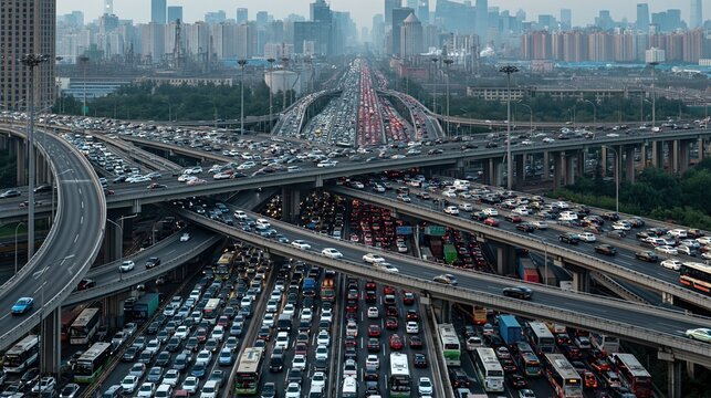 Overhead view of a massive, congested urban highway interchange with heavy traffic jams at dusk