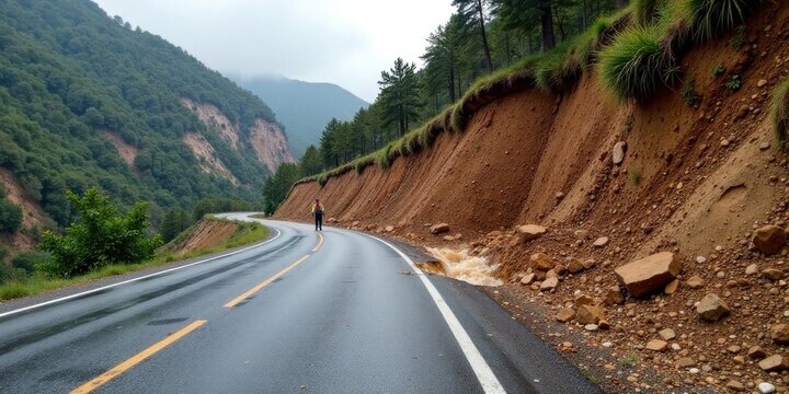 A solitary figure walks along a rain-slicked mountain road, erosion and runoff visible from recent landslides affecting the roadside embankment