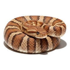 Fototapeta premium Snake curled up on a white background with distinct brown and tan stripes