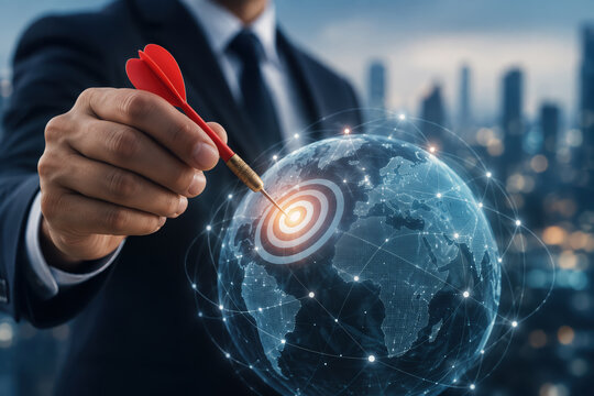 Executive aiming red dart at illuminated global target over connected Earth representing strategic market targeting international growth and corporate planning for business expansion