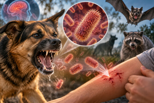 Rabies Outbreak visualization showing aggressive dog biting human forearm with viral particles invading bite wound, bat and raccoon reservoirs, public health alert and transmission risk