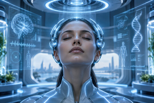 Female subject with neural interface headset in futuristic blue laboratory performing biohacking augmentation immersion and genetic diagnostic visualization for research and wellness