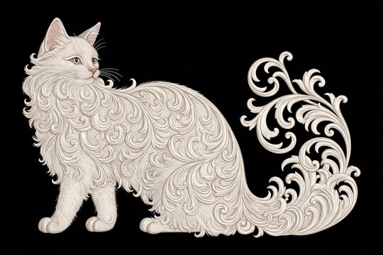 Ornate white longhaired cat with swirling decorative fur