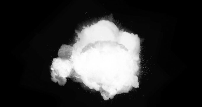 Intense fireball explosion with flying debris and bright fiery particles isolated. Luma Channel Included.