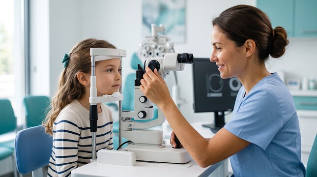 Young girl having eye examination with female optometrist using ophthalmic equipment. Pediatric vision test in modern eye clinic, children eyesight care and diagnosis