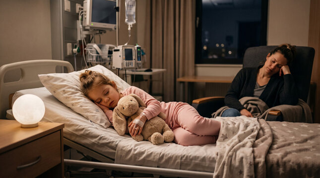 Small child sleeping peacefully in hospital bed at night hugging soft toy. Calm pediatric ward room with warm lamp light, rest and healing during hospital stay