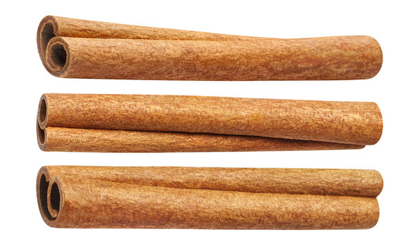Set of three cinnamon sticks, isolated on transparent cutout background