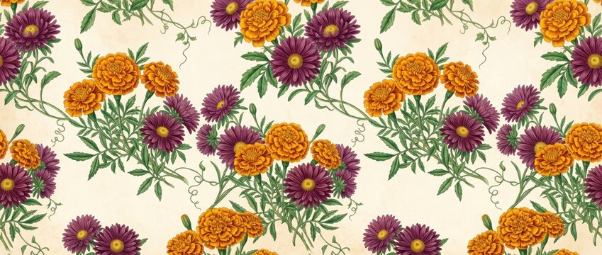 Vintage botanical pattern with deep purple and orange marigold flowers on textured cream paper