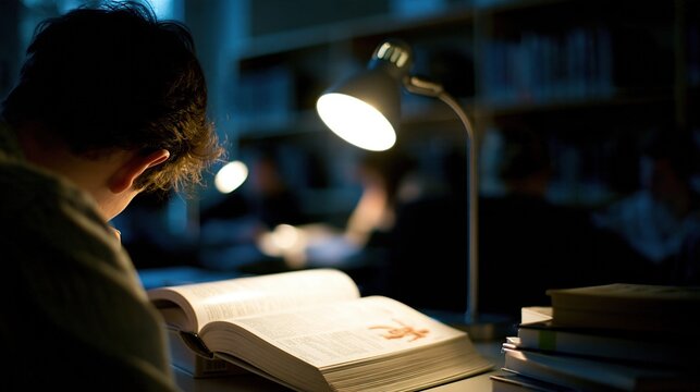 Student studying late at night under a desk lamp in a dimly lit library, focused on open book