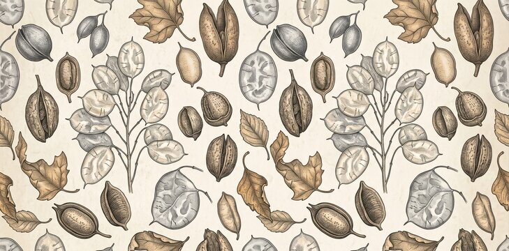 Vintage botanical pattern with dried seed pods and autumn leaves on a textured cream paper