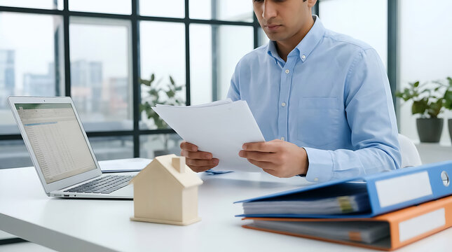 Man in a blue shirt sitting at a desk with a laptop and a small wooden house model while reviewing documents in a bright office environment.