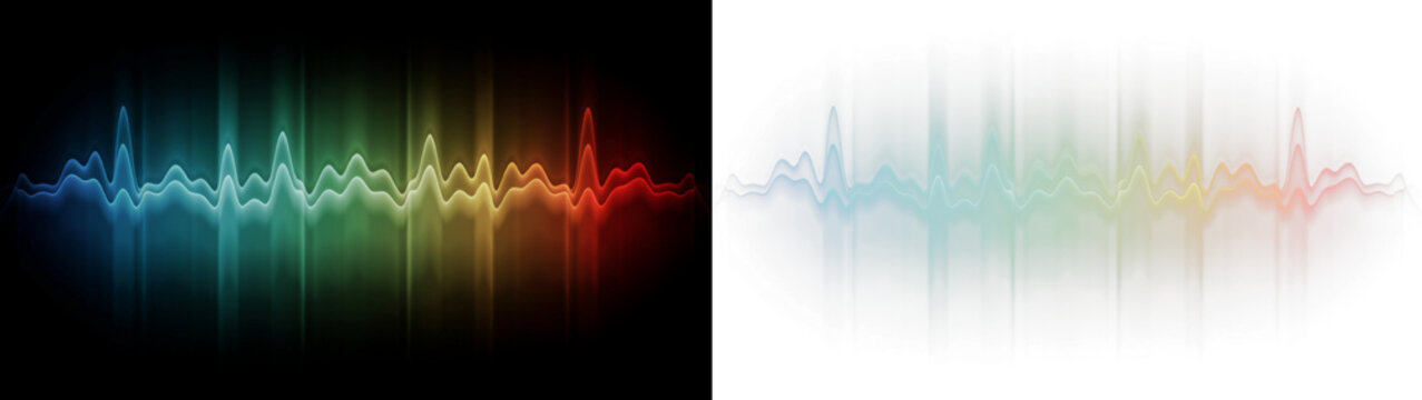 Abstract sound wave background with a colorful glowing pulse effect, featuring a gradient spectrum on both black and transparent backgrounds