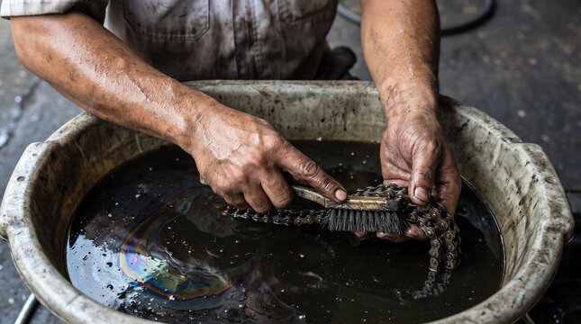 Dirty mechanic hands scrubbing greasy motorcycle chain with wire brush in basin full of black oil.