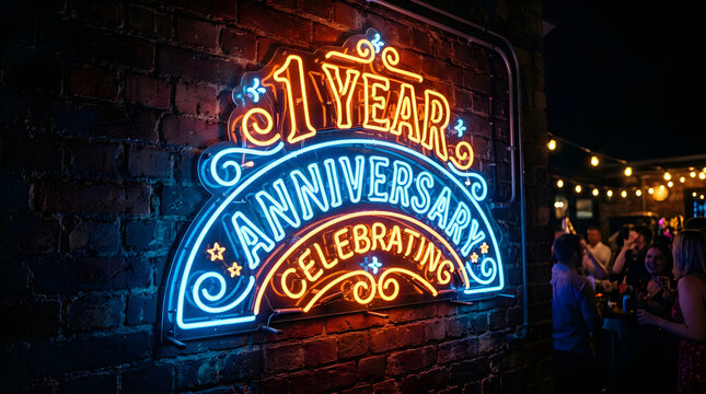 One year anniversary celebration neon sign on brick wall with first anniversary