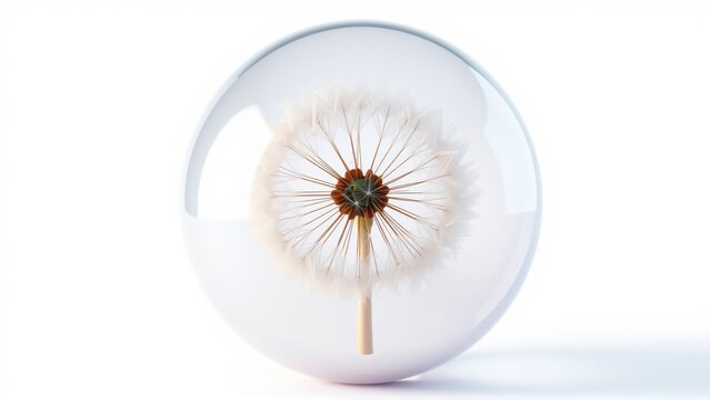 Dandelion seed head inside glass sphere. Delicate structure, soft texture, minimalist composition, white background, studio lighting.
