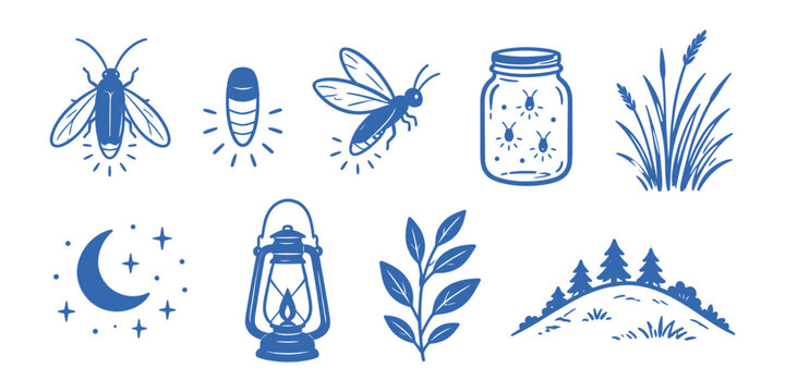Night firefly and glowing nature elements doodle set Vector Illustration   