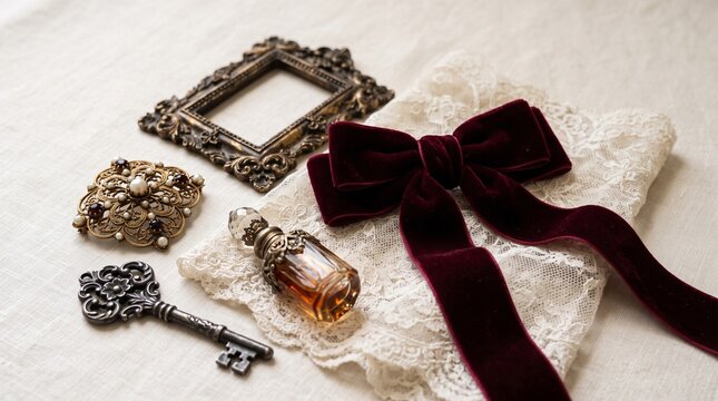 A collection of antique and decorative items including a vintage key, a small perfume bottle, a velvet bow, and a frame