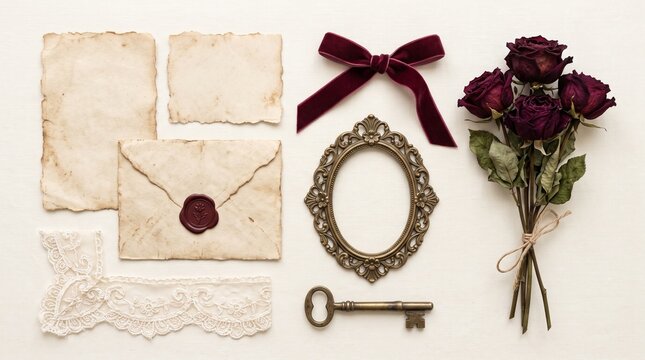 A vintage collection of antique ephemera old letters, a velvet ribbon, a dried rose bouquet, an ornate oval frame, a lace trim, and a rustic key on a neutral background