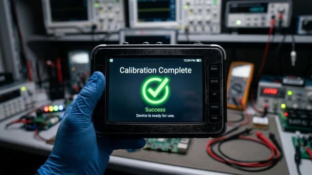 A gloved hand holds a portable digital device displaying 'Calibration Complete' with a prominent green success checkmark in a detailed electronics lab environment, symbolizing readiness
