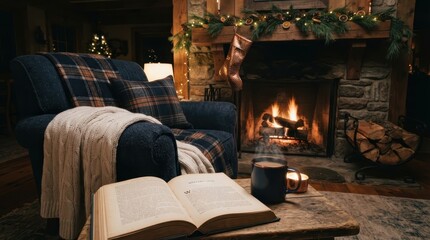 Obraz premium Cozy reading nook with an open book and steaming mug beside a warm stone fireplace at Christmas