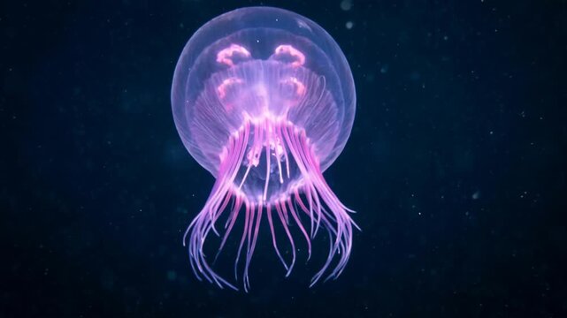 Bioluminescent jellyfish floats peacefully in dark deep ocean water. Glowing tentacles and translucent bell pulse rhythmically, creating serene underwater spectacle full of tranquil beauty.