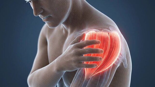 Man touches painful shoulder showing highlighted red deltoid muscle anatomy in medical animation. Male figure suffers muscular strain discomfort against neutral background studio lighting.