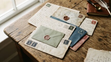 Obraz premium A collection of vintage handwritten letters with wax seals resting on a rustic wooden desk