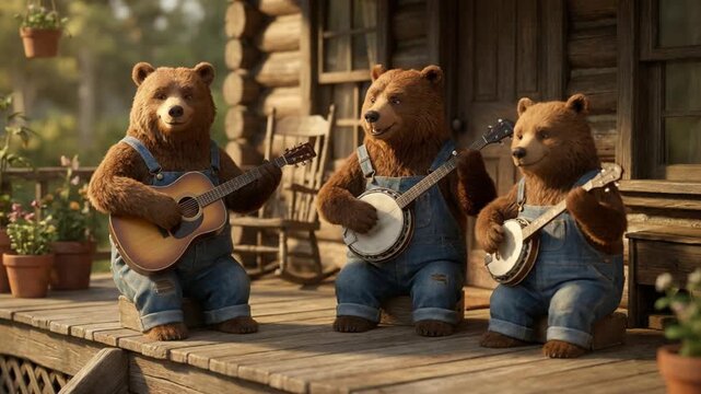 Trio of brown bears perform folk music with string instruments outside countryside cottage. Animated furry characters strum guitar and banjo melodies in sunny rustic porch environment outdoors.