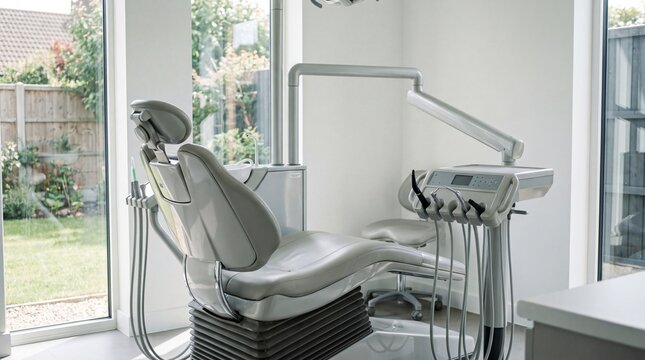 Modern dental clinic interior with professional dentist chair, sleek medical equipment in bright healthcare office, white private practice treatment room