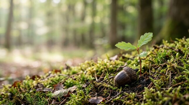 Forest Canopy Supporting Rich Biodiversity and Natural Ecosystems, Small oak seedling growing from acorn on moss-covered forest floor with blurred trees in background.