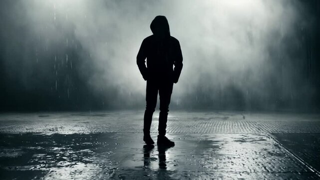 Lone figure wearing hoodie paces across wet surface under heavy mist. Backlit silhouette moves slowly through atmospheric haze while rain falls onto reflective dark ground creating suspense.