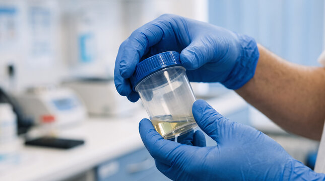 healthcare professional holding sterile specimen cup with blue gloves in medical laboratory